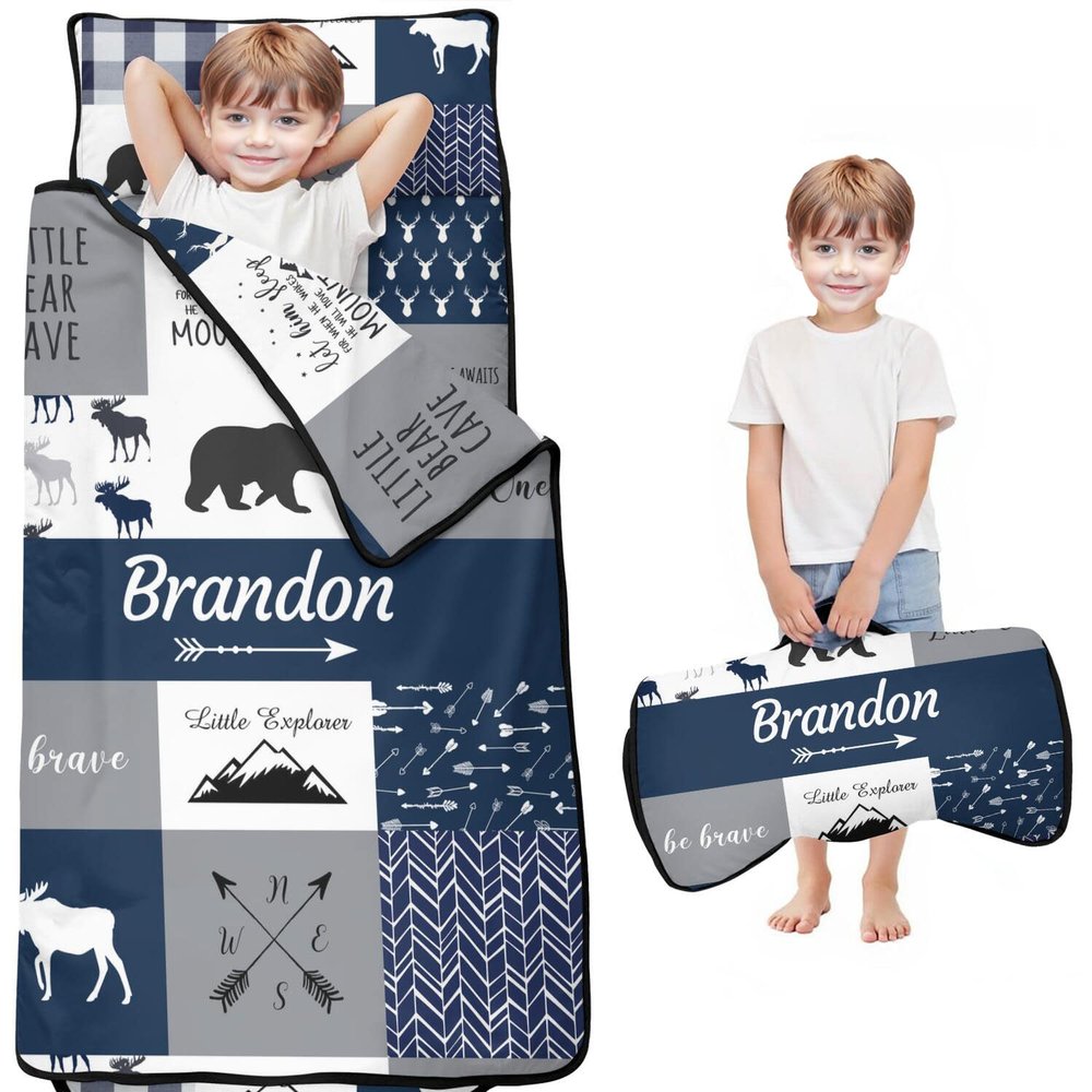 Personalized Woodland Deer Bear Nap Mat Set with Name, Bear Sleeping Bags for Boys, Customized Arrow Toddler Bed Mattress for Kids, Slumber Bags for Preschool, Daycare or Kindergarten, Sleep Sack