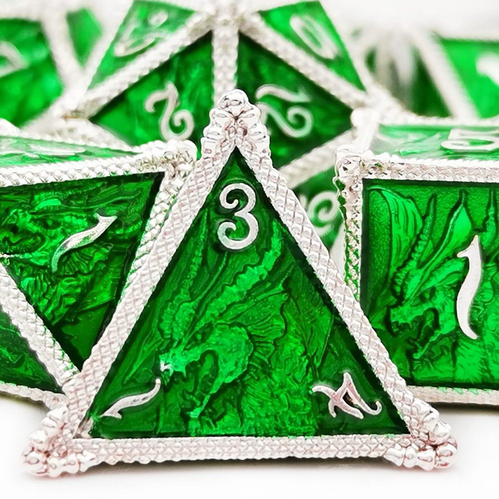 HAOMEJA Metal Dragon Dice Set DND 7 Set Dice Role Playing Dice D&D Dungeons and Dragons (Silver Green)