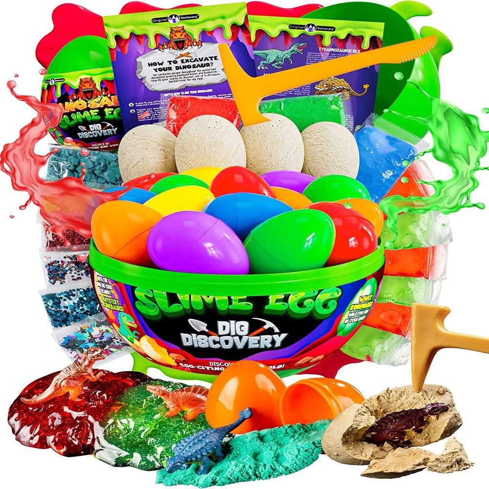 Original Stationery Slime Kit Dinosaur Egg Excavation - 4 Cracking Dino Eggs & 15 Plastic Shells - Glow-in-The-Dark Dig Set