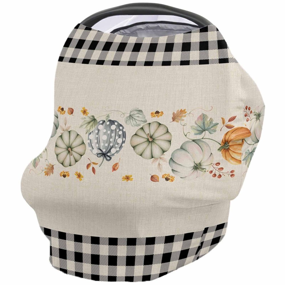 Baby Car Seat Covers Thanksgiving Fall Pumpkin Maple Leaves Black Buffalo Plaid Nursing Covers Breastfeeding Scarf Stretchy Carseat Canopy Cover Shopping Cart Cover Stroller Covers for Baby Girls Boys