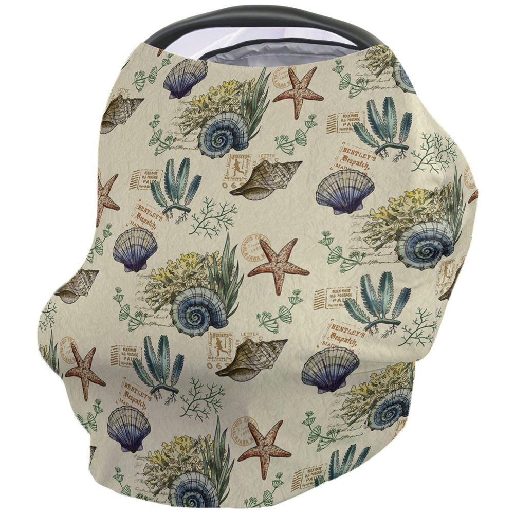 Baby Car Seat Covers Summer Beach Green Shell Starfish Coral White Nursing Covers Breastfeeding Scarf Soft Stretchy Carseat Canopy Cover Shopping Cart Cover Stroller Covers for Baby Girls Boys