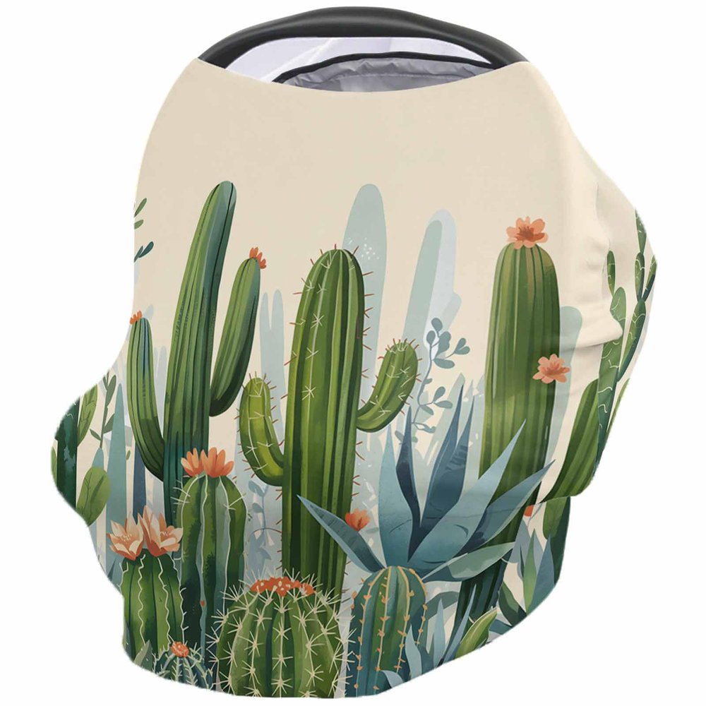 Baby Car Seat Covers Summer Cactus Tropical Plant Light Khaki Background Nursing Covers Breastfeeding Scarf Soft Stretchy Carseat Canopy Cover Shopping Cart Cover Stroller Covers for Baby Girls Boys