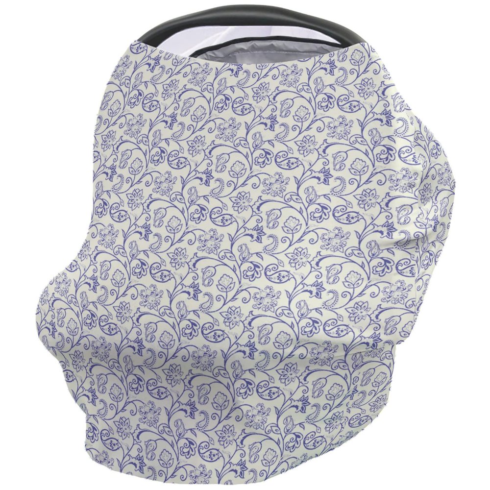 Baby Car Seat Covers Boho Farmhouse Flower Vine Floral Blue Nursing Covers Breastfeeding Scarf Soft Stretchy Carseat Canopy Cover Shopping Cart Cover Stroller Covers for Baby Girls Boys