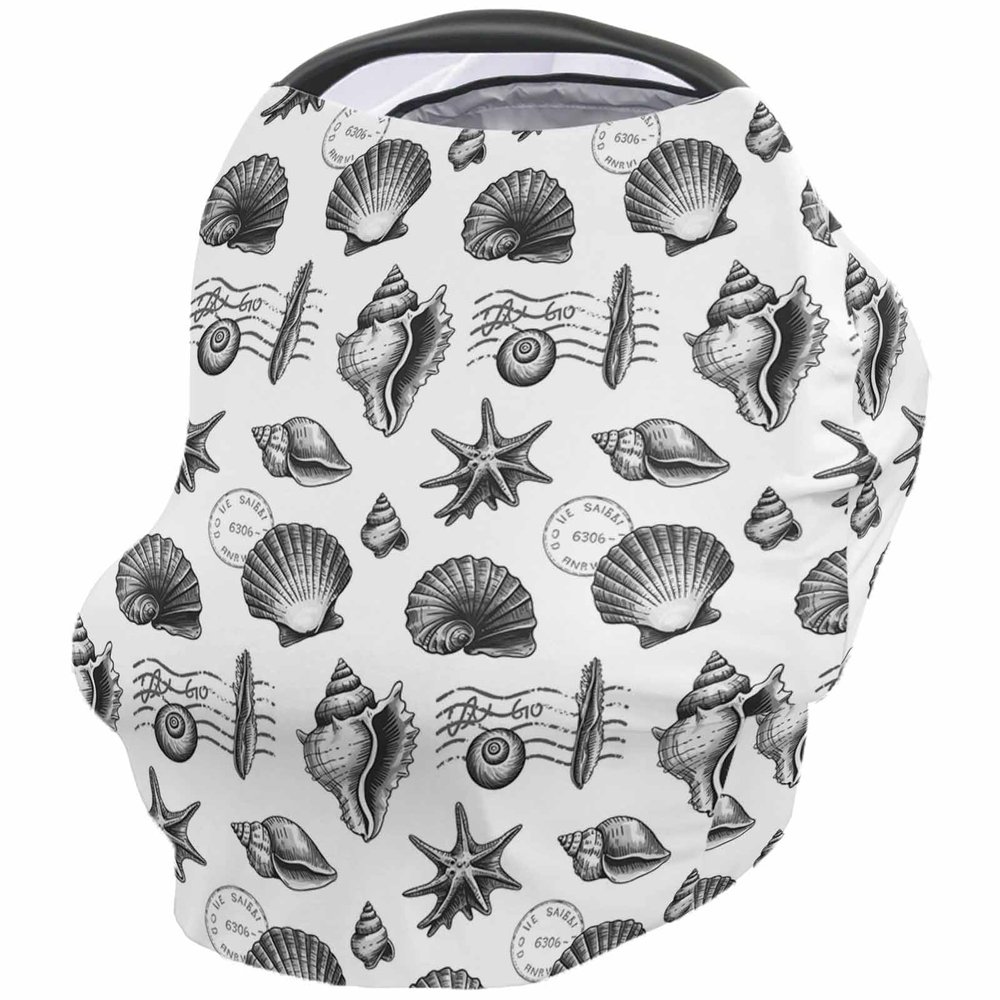 Baby Car Seat Covers Summer Beach Navy Blue Shell Starfish Coral Beige Nursing Covers Breastfeeding Scarf Soft Stretchy Carseat Canopy Cover Shopping Cart Cover Stroller Covers for Baby Girls Boys