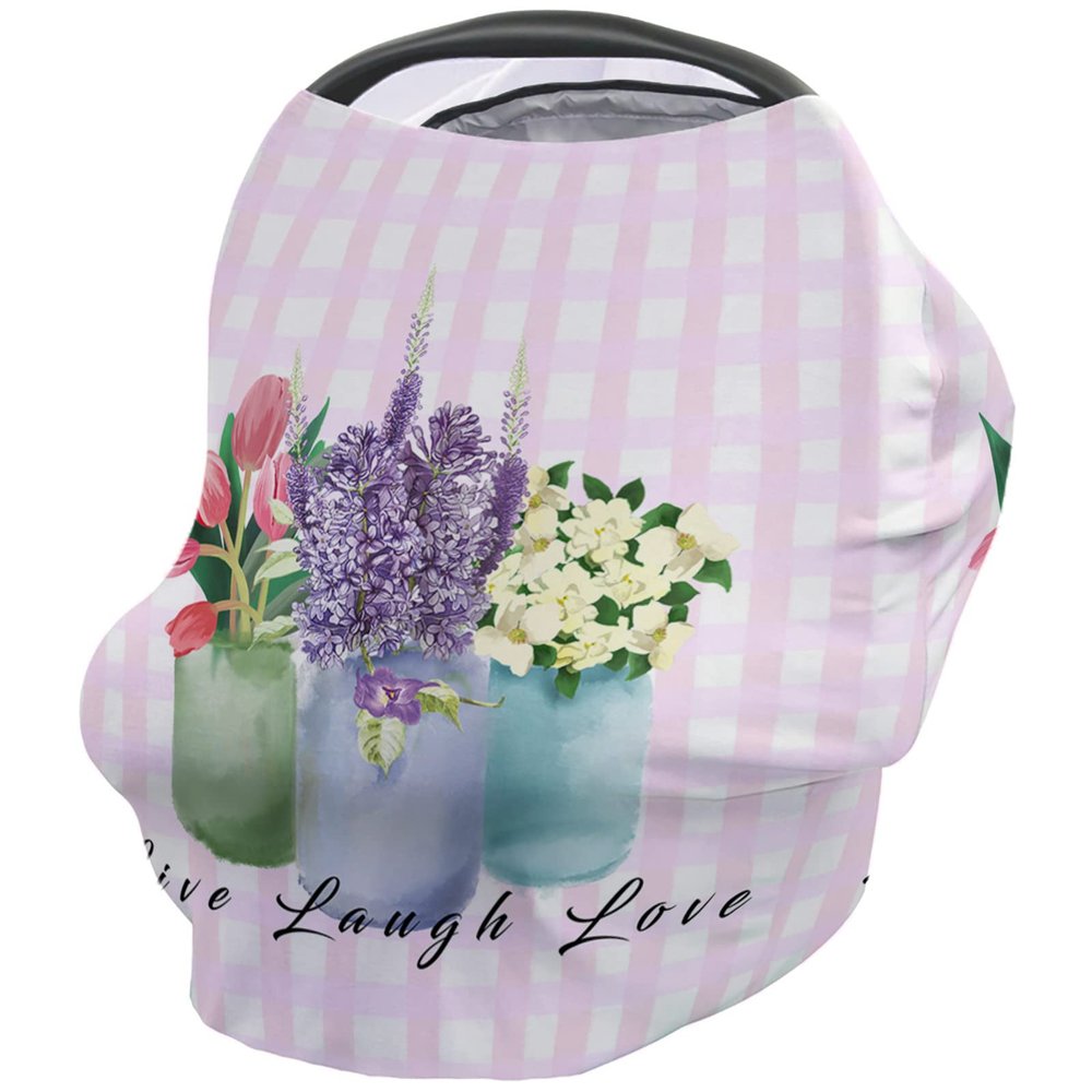 Baby Car Seat Covers Farmhouse Flower Floral Lavender Vase Pink Plaid Nursing Covers Breastfeeding Scarf Soft Stretchy Carseat Canopy Cover Shopping Cart Cover Stroller Covers for Baby Girls Boys