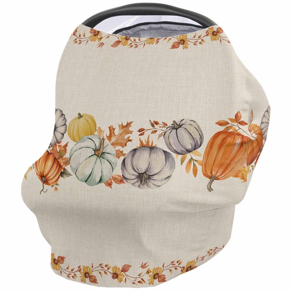 Baby Car Seat Covers Thanksgiving Fall Pumpkin Maple Leaves Linen Nursing Covers Breastfeeding Scarf Soft Stretchy Carseat Canopy Cover Shopping Cart Cover Stroller Covers for Baby Girls Boys