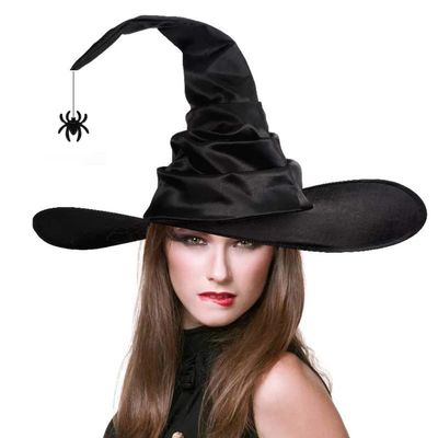 SIQITECHNO Halloween Witch Hat With Spider Bat Black ruched Wizard Cap for Halloween Party Decoration Witch Cosplay Costume Accessory