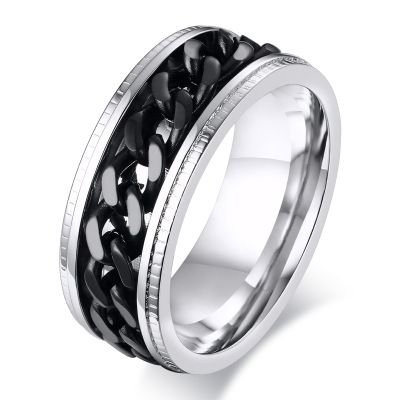 SWOPAN Men's Spinner Fidget Anxiety Ring 8MM Stainless Steel Black Spin Chain Ring for Men Women Anxiety Stress Relief Rotation Wedding Engagement Band Stepped Grooved Edge Comfort Fit, Black, Size 7