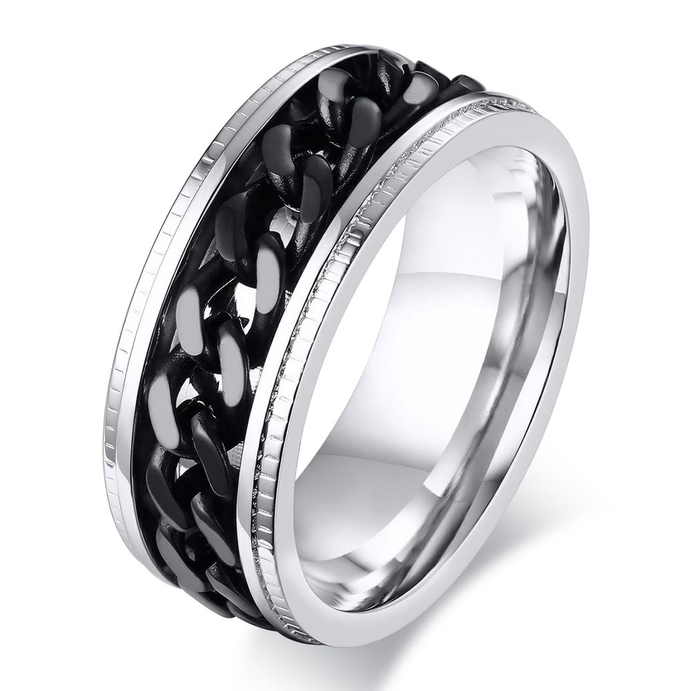 SWOPAN Men's Spinner Fidget Anxiety Ring 8MM Stainless Steel Black Spin Chain Ring for Men Women Anxiety Stress Relief Rotation Wedding Engagement Band Stepped Grooved Edge Comfort Fit, Black, Size 7