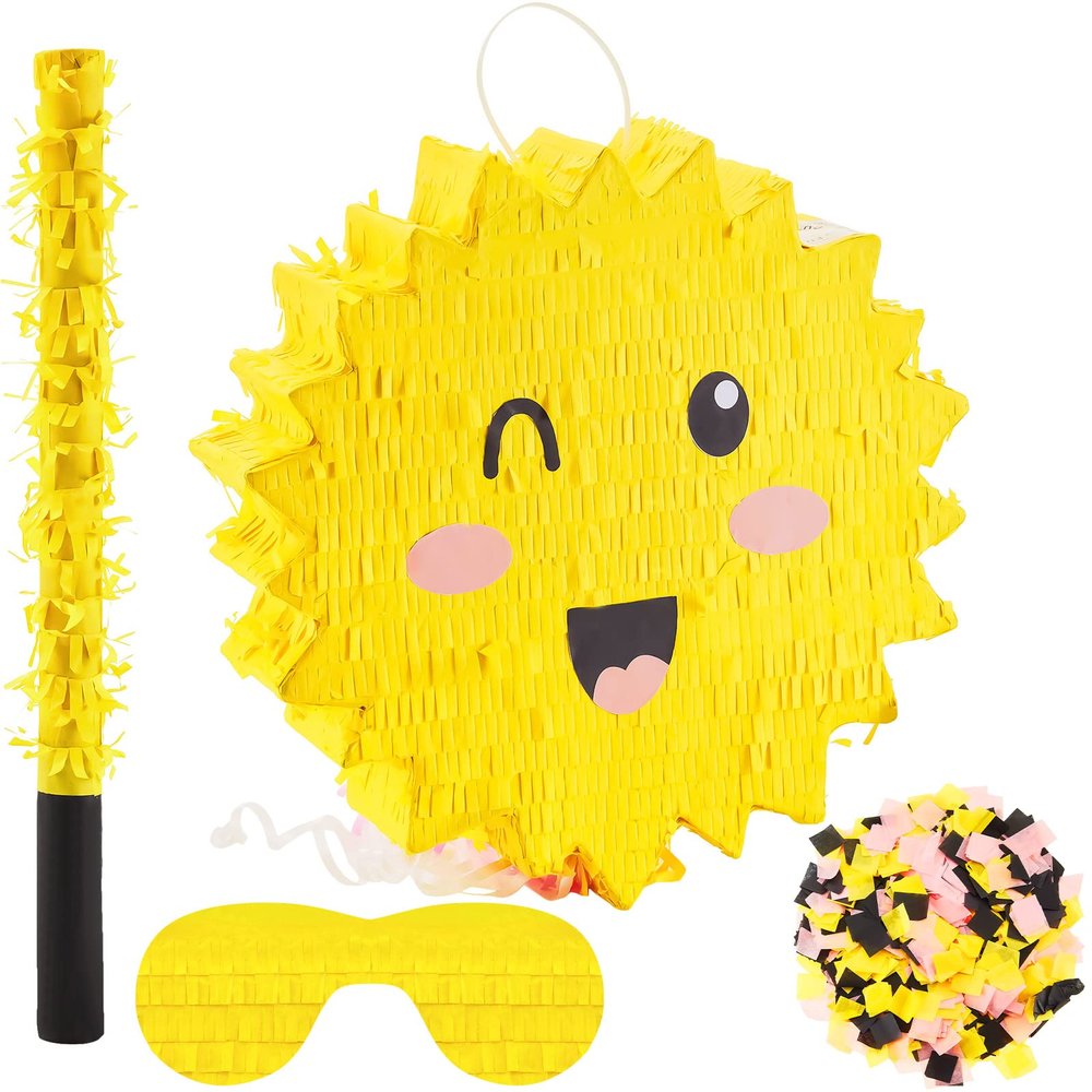 Lewtemi Sun Piata for Summer Birthday Party Yellow Piata with Stick, Blindfold, Confetti for Adults Birthday Baby Shower Party Supplies