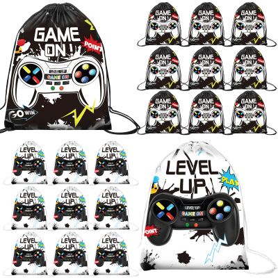 Eccliy 20 Pcs Video Game Party Favor Bags Gamer Birthday Party Drawstring Bags for Kids Boys Girls 12 x 10 Inch Gaming Goodie Treat for Game on Theme Decorations Supplies(Black, White,Vivid Style)