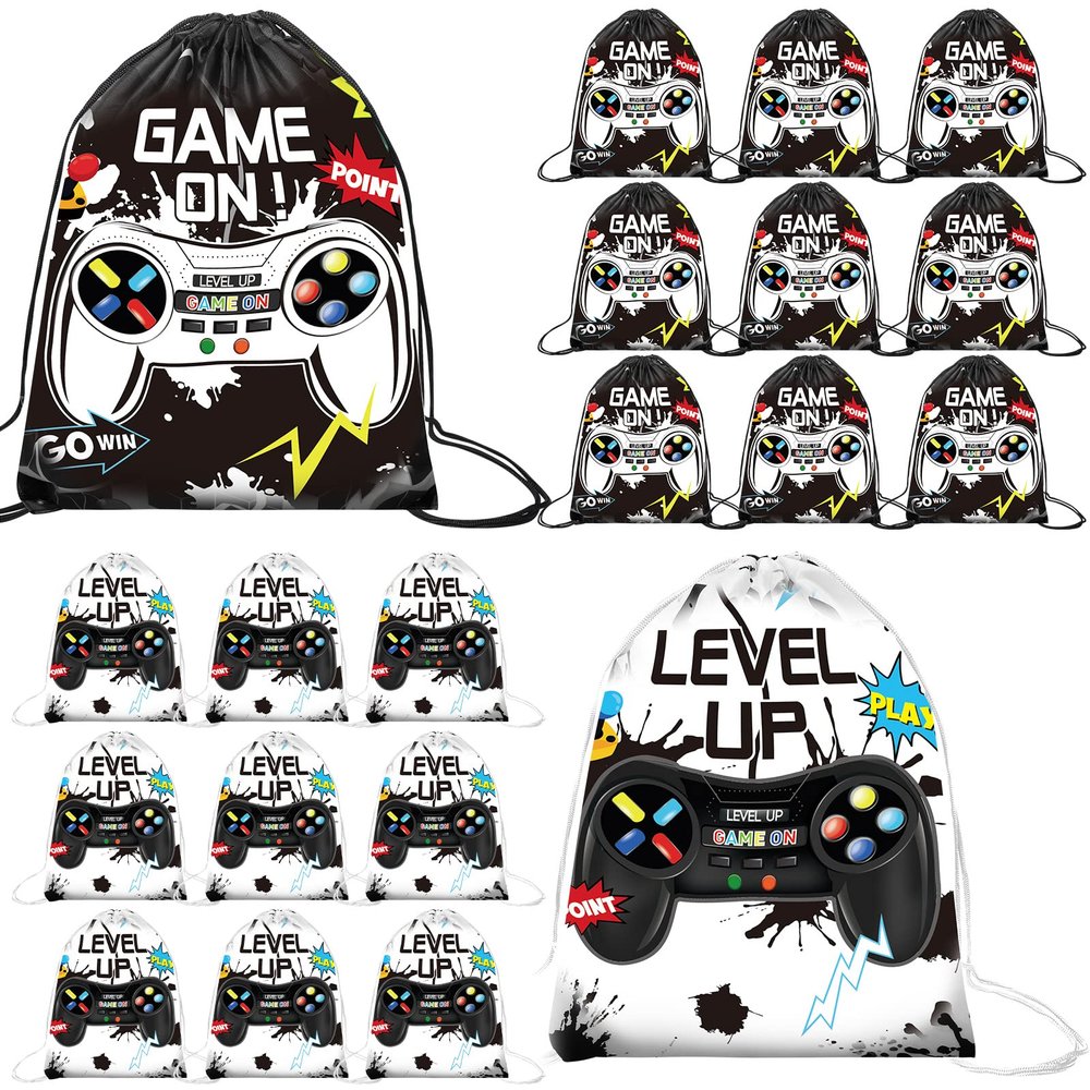 Eccliy 20 Pcs Video Game Party Favor Bags Gamer Birthday Party Drawstring Bags for Kids Boys Girls 12 x 10 Inch Gaming Goodie Treat for Game on Theme Decorations Supplies(Black, White,Vivid Style)