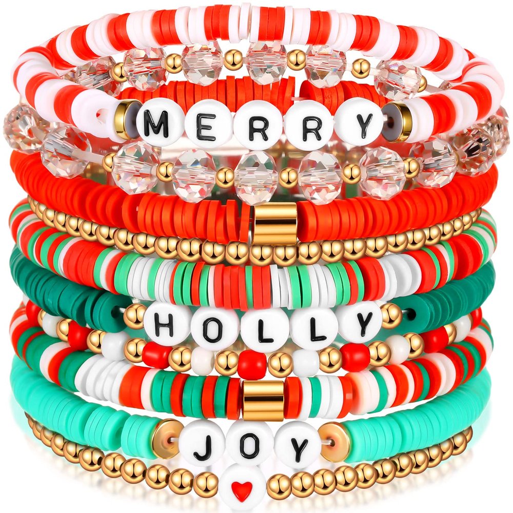 Leitee 10 Pcs Christmas Bracelets Gifts for Women Heishi Surfer Bracelets Polymer Clay Stretch Jewelry Party Favor Supplies