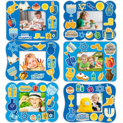 30 Packs Hanukkah Picture Frame Craft Kits for Kids Hanukkah DIY Craft Set with Menorah Dreidel Jewish Festival Stickers Home Classroom Indoor Game Activities