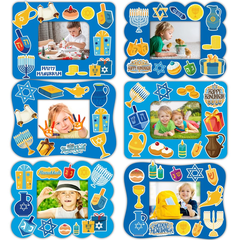 30 Packs Hanukkah Picture Frame Craft Kits for Kids Hanukkah DIY Craft Set with Menorah Dreidel Jewish Festival Stickers Home Classroom Indoor Game Activities