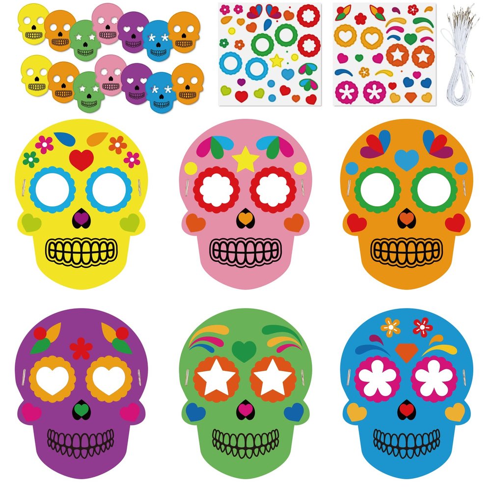 chiazllta 24 Pcs Sugar Skull Masks Craft for Kindergarten Kids, Day of The Dead Art Craft Kit DIY Paper Masks for Preschool Home Classroom Game Activities Party Favors
