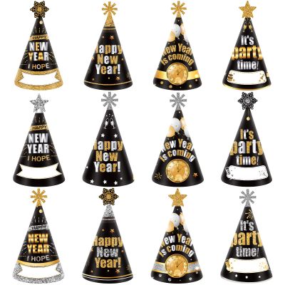 Amosfun 12Pcs Happy New Year Party Hats Paper Cone Hat New Years Eve Hats Years Eve Party Supplies Decorations for Kids and Adults
