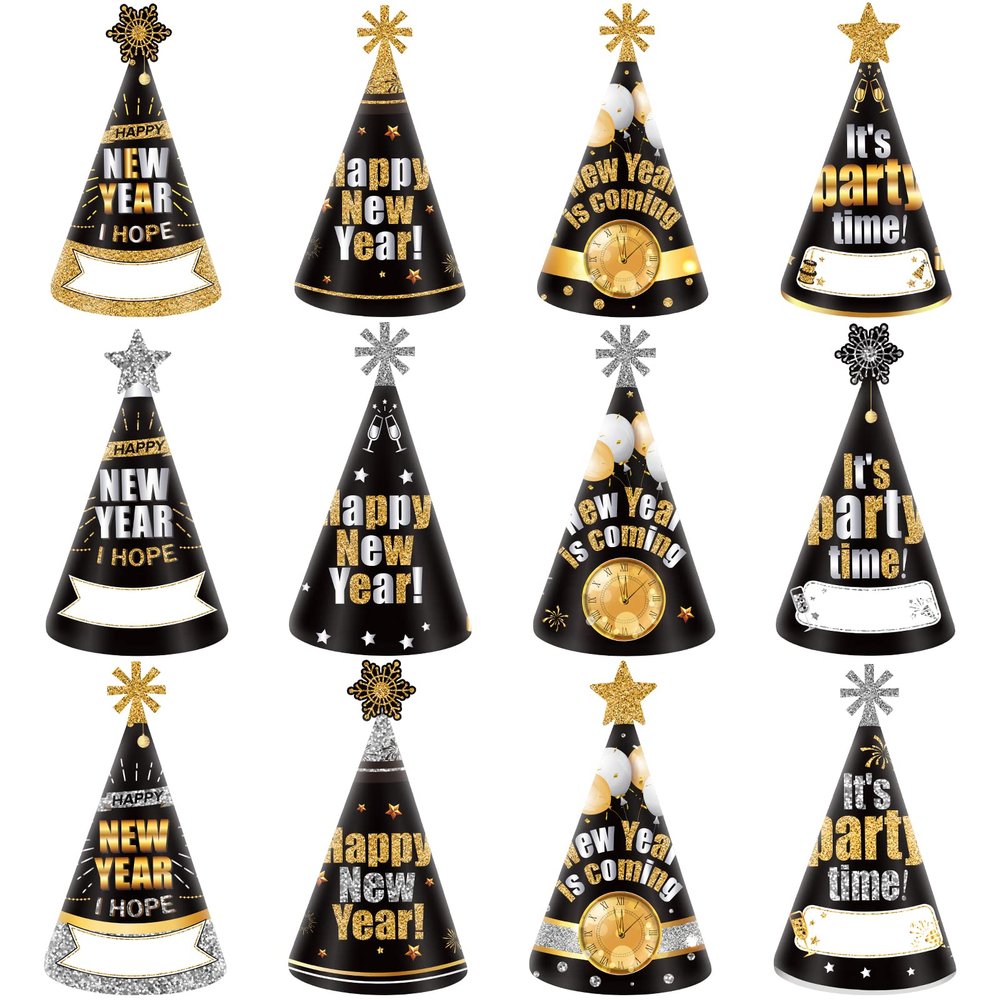 Amosfun 12Pcs Happy New Year Party Hats Paper Cone Hat New Years Eve Hats Years Eve Party Supplies Decorations for Kids and Adults