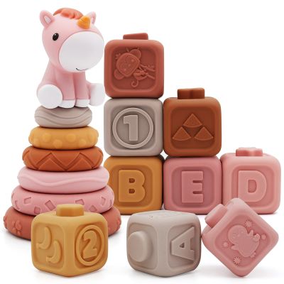 Nueplay Soft Stacking Toys for Baby Girls, 12PCS Soft Rings & Shape Blocks Set with Unicorn Topper Sensory, Sorting & Learning Toys for 1 Year Old Girls, Montessori Gift Set