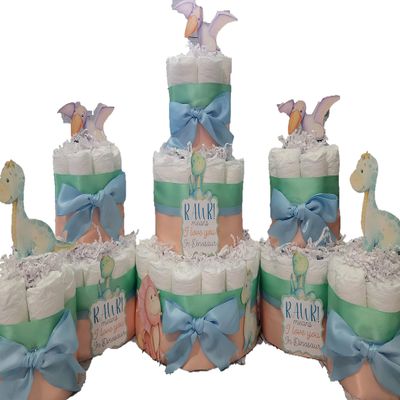 Dinosaur Theme Diaper Cake 5 piece set - 3 Tier - Baby Shower Gift - Blue, Green and Peach Dino