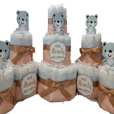 Teddy Bear Theme Diaper Cake 5 piece set - 3 Tier - Baby Shower Gift - Peach, Gold, Blue, Pink, White, Blue Bear, White Bear, Brown Bears