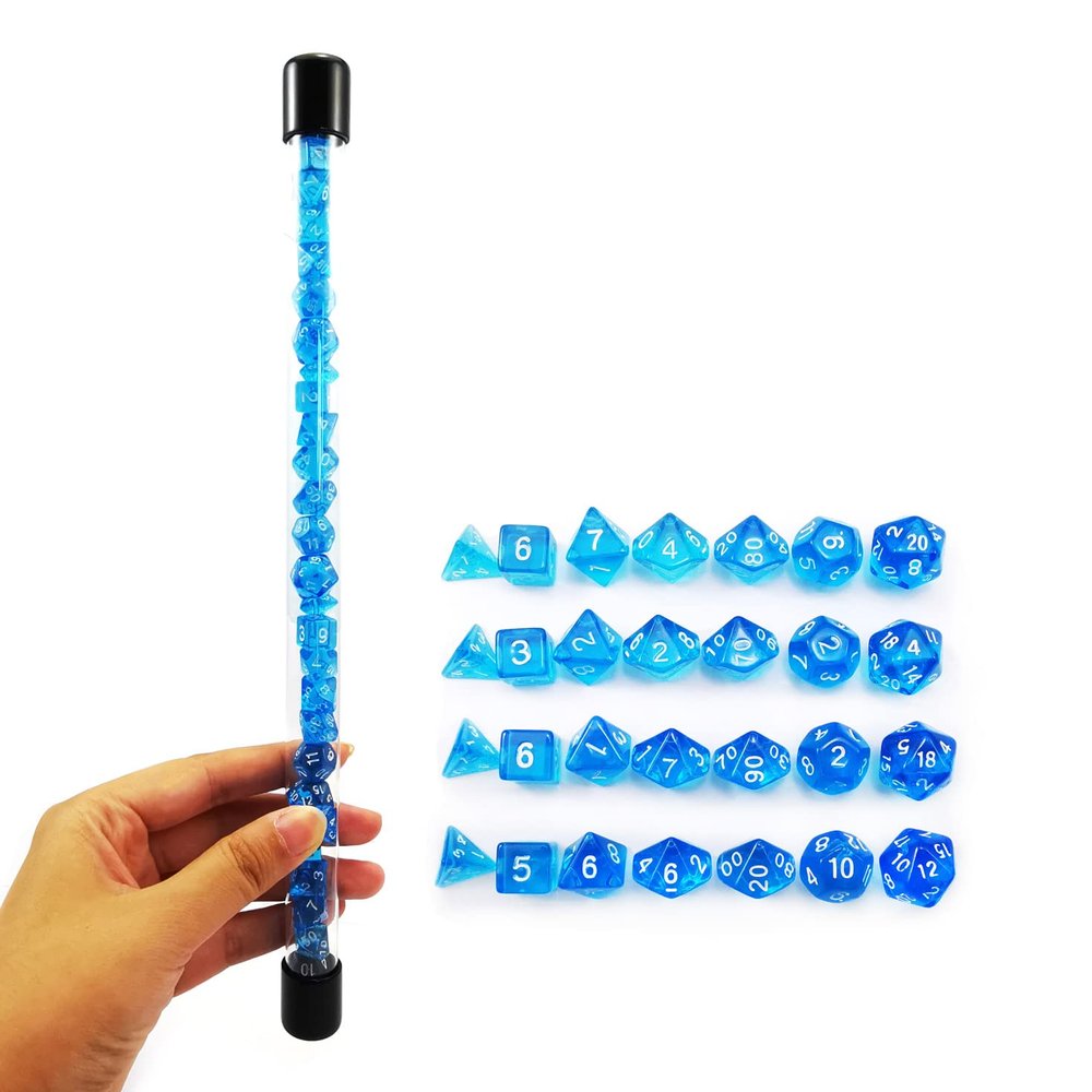 Bescon 28pcs Translucent Blue Mini Polyhedral Dice Set in Tube, for Dungeons and Dragons RPG Dice 4X7pcs,Mini Gem Blue Dice Set