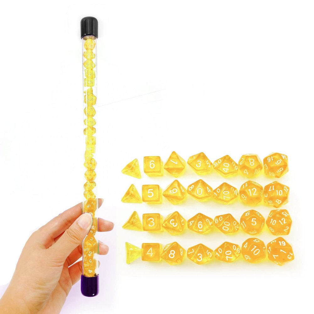 Bescon 28pcs Translucent Yellow Mini Polyhedral Dice Set in Tube, for Dungeons and Dragons RPG Dice 4X7pcs,Mini Gem Yellow Dice Set
