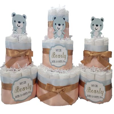 Teddy Bear Theme Diaper Cake 3 piece set - 3 Tier - Baby Shower Gift - Peach, Gold, Blue, Pink, White, Blue Bear, White Bear, Brown Bears