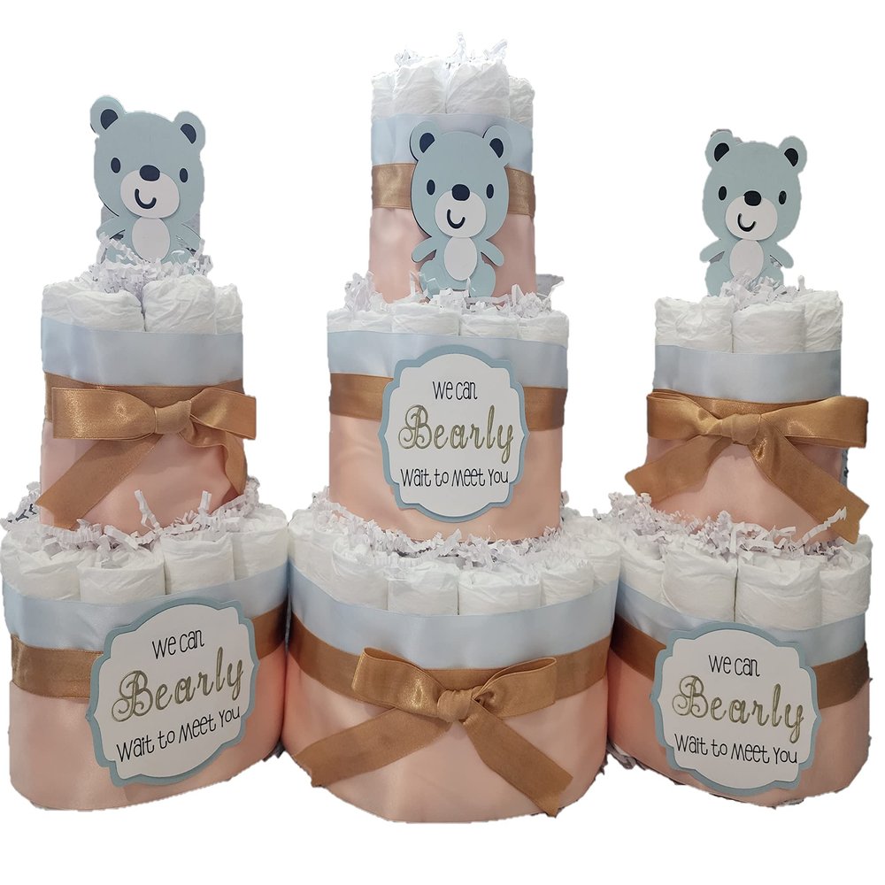 Teddy Bear Theme Diaper Cake 3 piece set - 3 Tier - Baby Shower Gift - Peach, Gold, Blue, Pink, White, Blue Bear, White Bear, Brown Bears