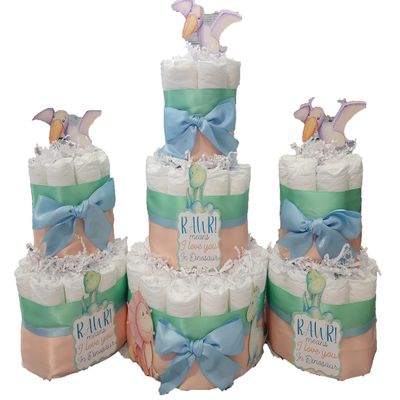 Dinosaur Theme Diaper Cake 3 piece set - 3 Tier - Baby Shower Gift - Blue, Green and Peach Dino