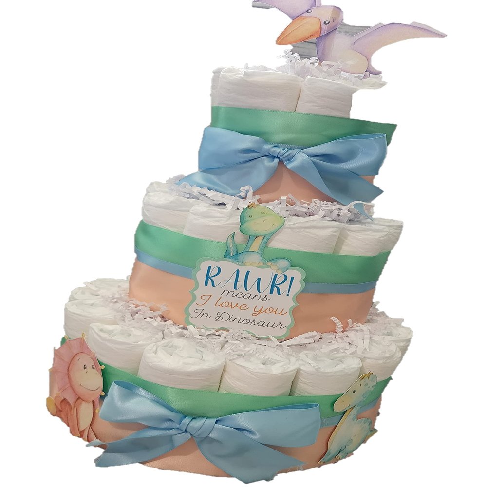 Dinosaur Theme Diaper Cake - 3 Tier - Baby Shower Gift - Blue, Green and Peach Dino