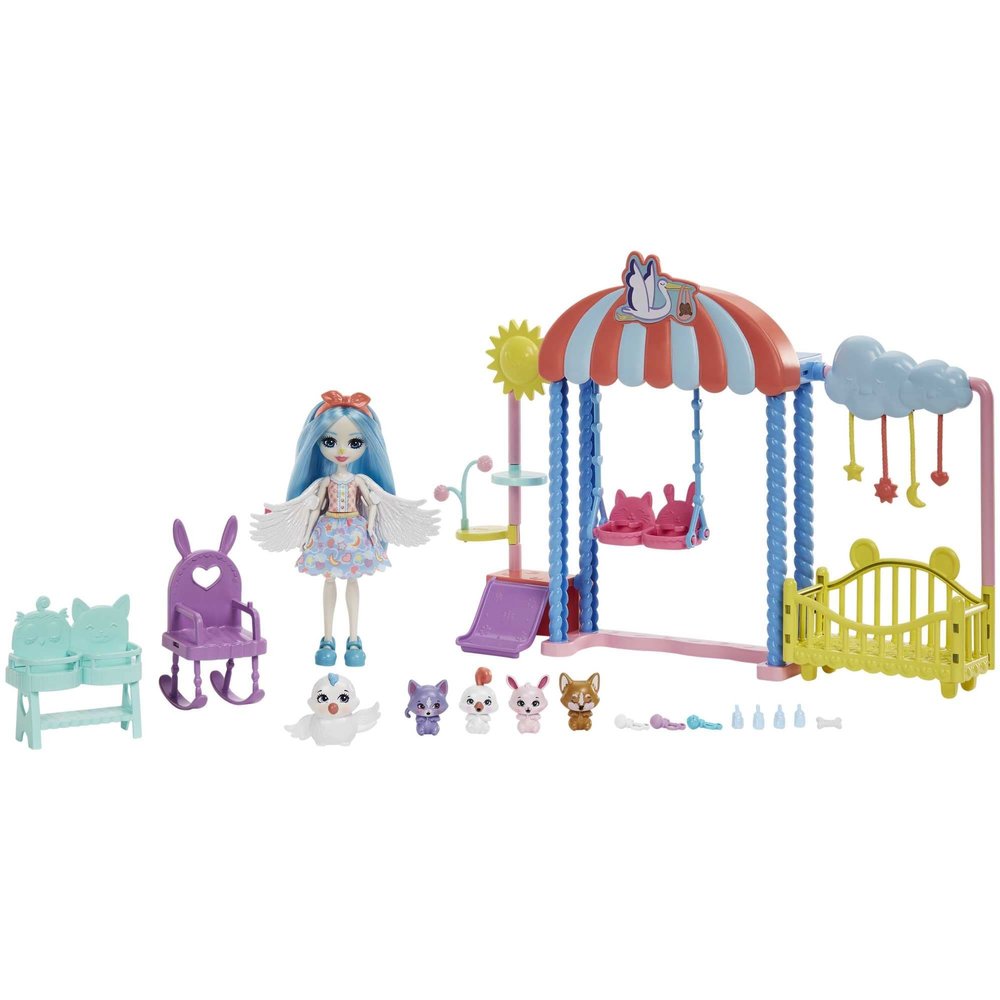 Enchantimals Doll and Accessories, Darling Daycare Playset, Starley Stork Doll, Bouncer and 4 Baby Bestie Animal Figures, Crib and More, Baby Best Friends, Kids Gifts, HLH23