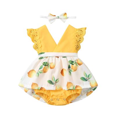 Baby Kids Girl's Outfits Sleeveless Lace Romper V Neck Lemon Print Bodysuit Dress+Bowknot Rainbow (Yellow, 0-6 Months)
