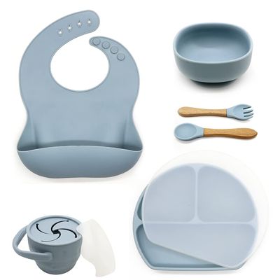 Baby Bundlez - Silicone Feeding Set for Babies and Toddlers: 3-Grid Plate, Bowl with Suction Bottom, Snack Cup, Bib, Utensils (Blue)