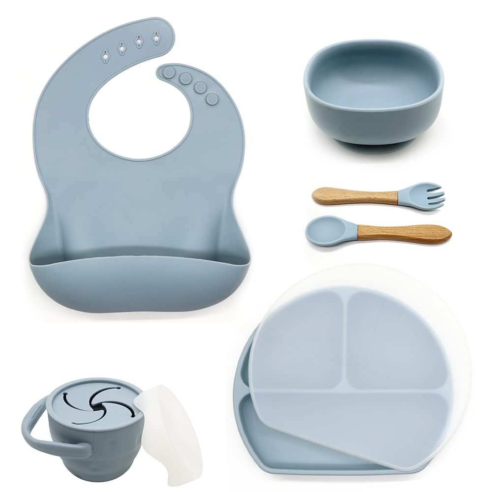 Baby Bundlez - Silicone Feeding Set for Babies and Toddlers: 3-Grid Plate, Bowl with Suction Bottom, Snack Cup, Bib, Utensils (Blue)