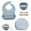Baby Bundlez - Silicone Feeding Set for Babies and Toddlers: 3-Grid Plate, Bowl with Suction Bottom, Snack Cup, Bib, Utensils (Blue) view 1