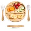 Suction Plates for Baby & Toddler, Bamboo Divided Platter Feeding Dishes with Silicone Fork& Spoon, All-Natural Baby Food Plate Stays for Baby-Led Weaning, Non-Slip Design view 1