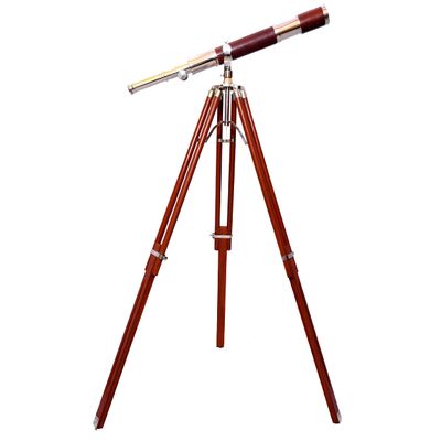 Vintage Marine Standard High Magnification Tube Handmade Antique Wooden Tripod Telescope Single Barrel Chrome Finish Spyglass Nautical Decorative