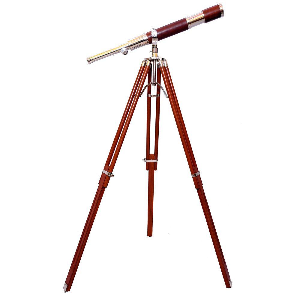 Vintage Marine Standard High Magnification Tube Handmade Antique Wooden Tripod Telescope Single Barrel Chrome Finish Spyglass Nautical Decorative