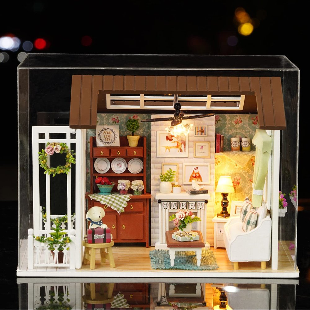 DIY Miniature Dollhouse Kit Realistic Mini 3D Wooden Mini Doll House Room with Furniture LED Lights Christmas Decoration Birthday Gift for Teens Adults (Happy time)