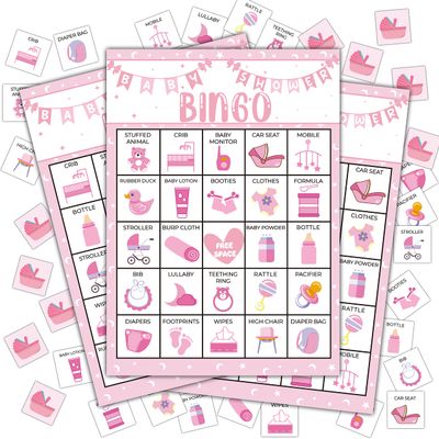 Disfuco Pink Shower Party Bingo Cards, Shower Bingo Game, Shower Party Games for Adults, Gender Reveal Party Games Favors Supplies Decorations, 24 Players Bingo Game (A03)