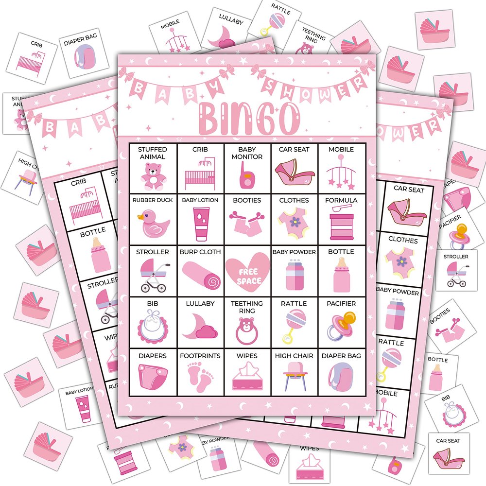 Disfuco Pink Shower Party Bingo Cards, Shower Bingo Game, Shower Party Games for Adults, Gender Reveal Party Games Favors Supplies Decorations, 24 Players Bingo Game (A03)