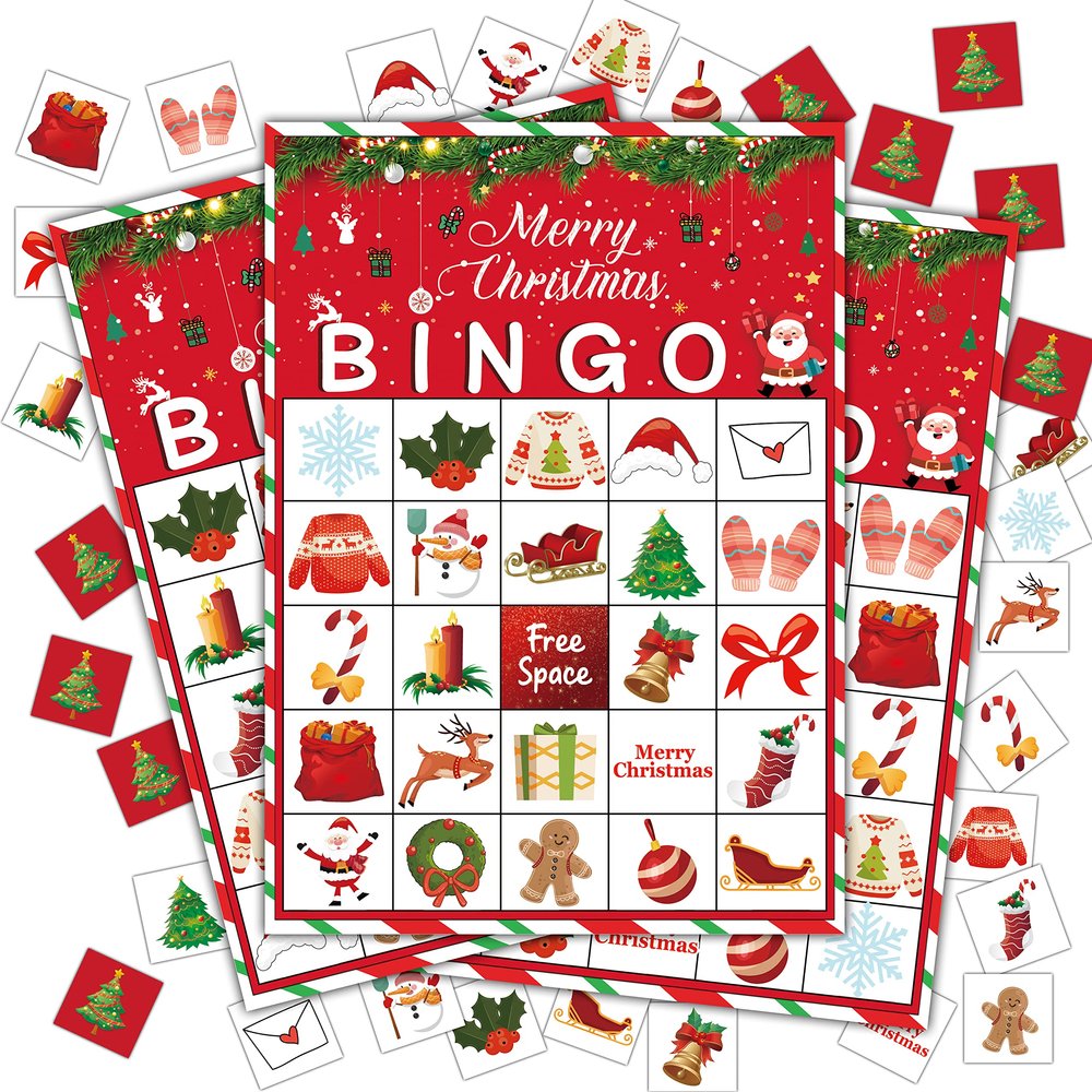 Disfuco Christmas Games, Christmas in July Games Cards, Holiday Bingo Game for Family Large Group, Winter Party Favors Supplies Decorations, 24 Players Game (A07)