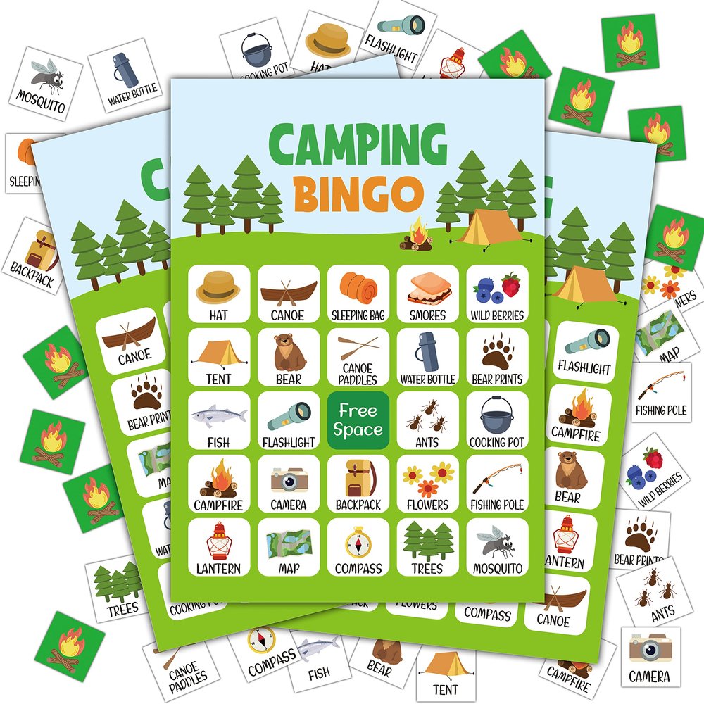 Disfuco Camping Bingo Game - 24 Player Outdoor Activity for School Parties, Birthdays and Nature Parties