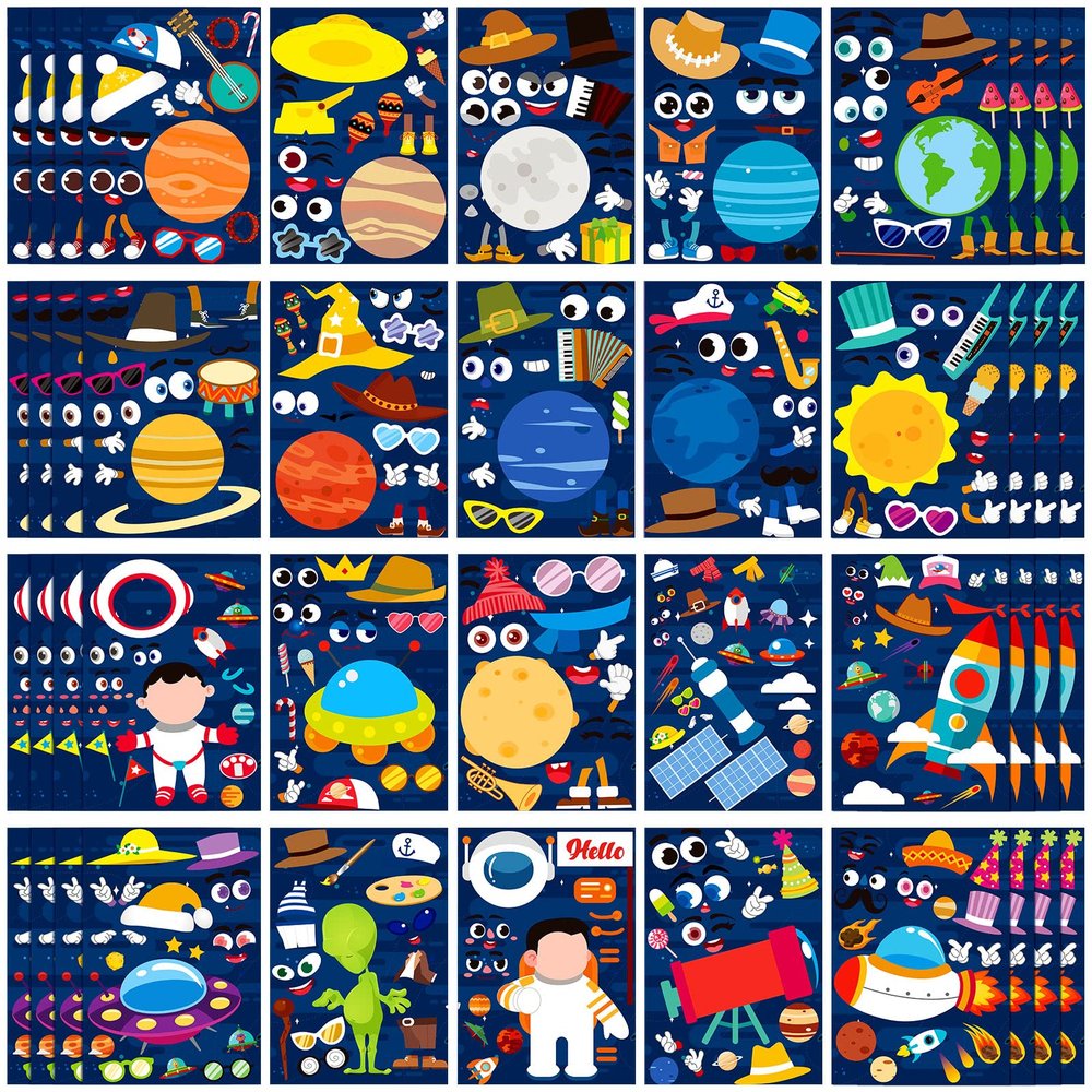 100 Pcs Make a Face Outer Space Stickers Sheets Make Your Own Astronaut Stickers Solar System Space Themed Party Favors for DIY Birthday Party Favors Craft Kit
