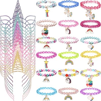 Yunsailing 36 Pcs Unicorn Party Favors Headbands for Girls Colorful Unicorn Bracelet Christmas Gifts Rainbow Beaded Bracelets Horn Headband for Birthday Party Supplies