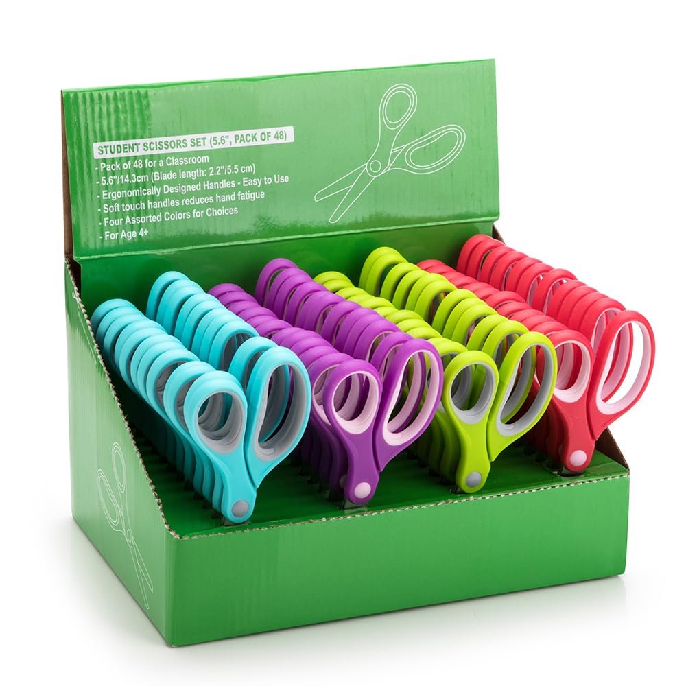 Potamish Kids Scissors (48 Count Teacher Pack, Rounded-tip, 5.6 Inch) - 5.6'' Soft Touch Blunt School Student Scissors Shears PM-003-R48-A (Pack of 48)