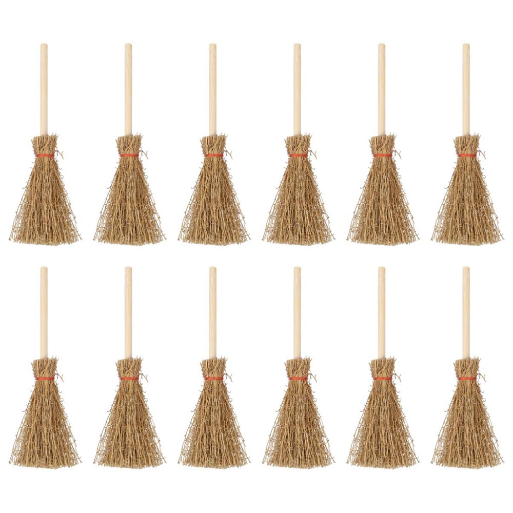 12pcs Mini Witch Brooms Miniature Artificial Straw Brooms with Red Ropes 2x3.5Inch for Craft Cosplay Party Accessory