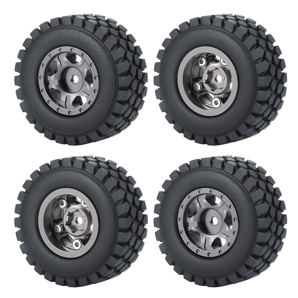 WEFEINO RC Beadlock Wheels and Tires 4Pcs 1.0" Micro Crawler Tires for Axial SCX24 90081 Deadbolt 1/24 RC Crawler Car (Titanium, 54mm)