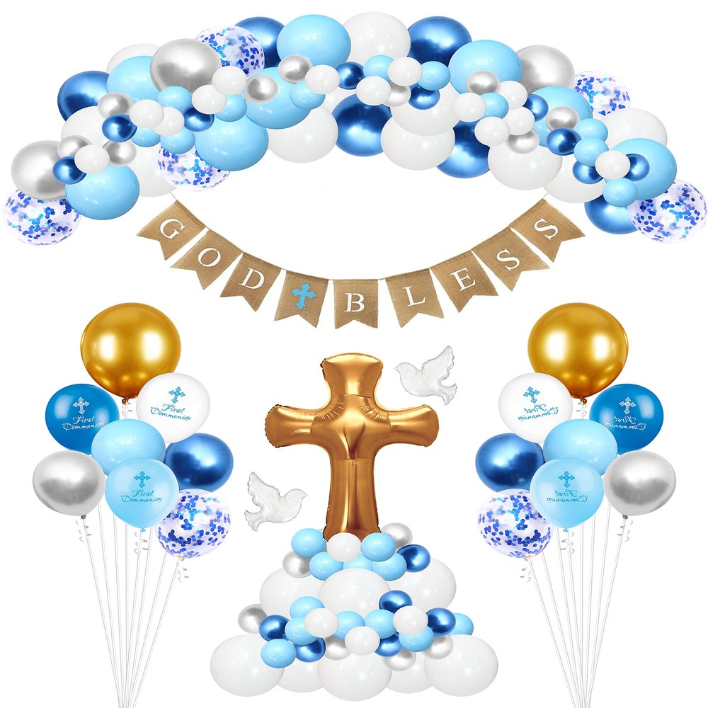 133pcs Baptism(Bautizo) balloons party decorations,first communion decorations for boys and girls.god bless banner confirmation decorations party supplies,birthday baby shower